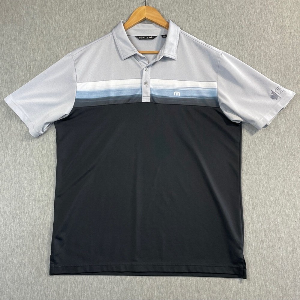 Travis Mathew Golf Polo Shirt Men’s XL Black Grey Polyester Blend Co. On Sleeve